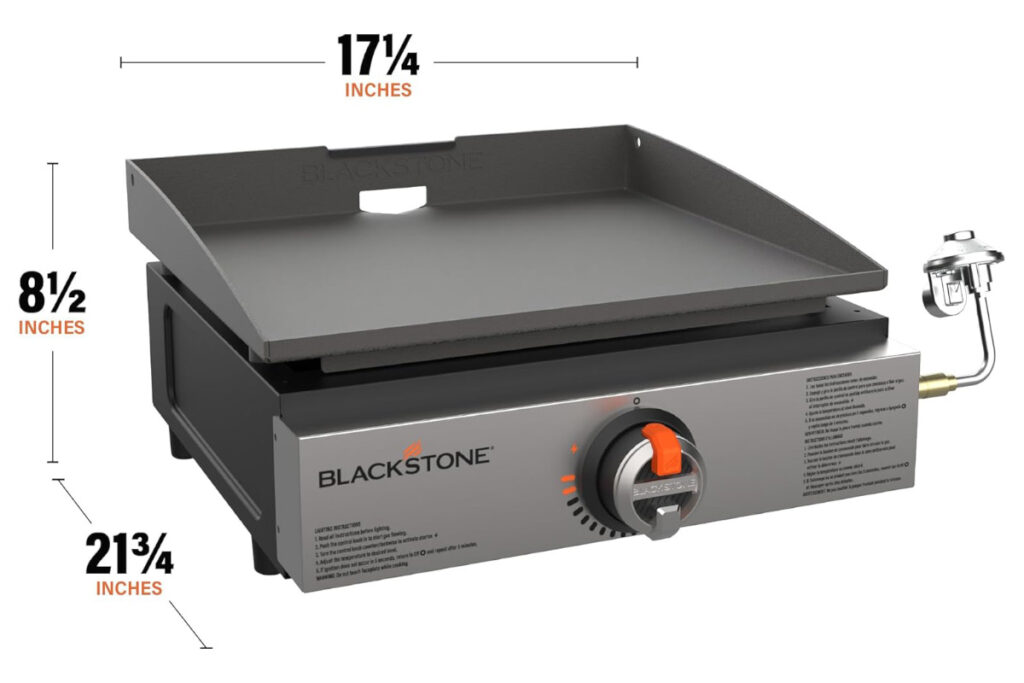 Blackstone 1971 Original 17-inch Tabletop Griddle showcasing its dimensions and features, perfect for outdoor cooking and grilling enthusiasts.