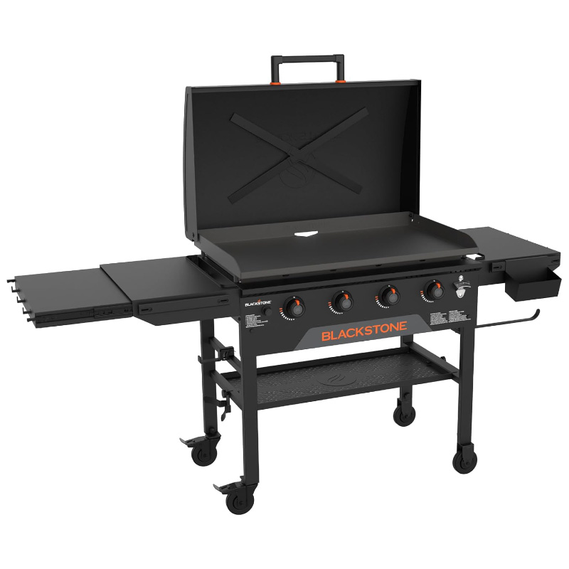 Blackstone 2322 Original 36-inch griddle featuring an X-braced hood, perfect for outdoor cooking and grilling, showcasing its durable design and spacious cooking surface.