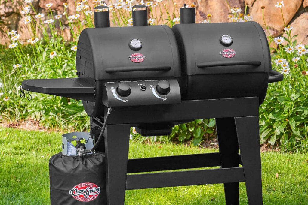 Char-Griller Dual-Function 2-Burner Gas and Charcoal Grill showcasing versatile cooking options in a sleek design for outdoor barbecues and grilling enthusiasts.
