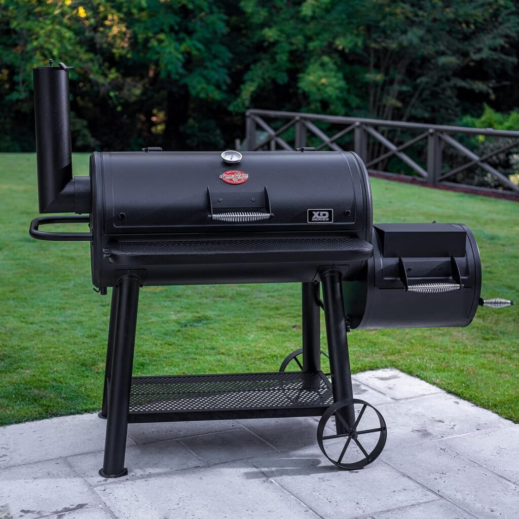 Char-Griller Grand Champ Charcoal Offset Grill and Smoker for outdoor cooking and barbecue enthusiasts, featuring dual cooking chambers and a sleek black design, perfect for grilling and smoking meats.