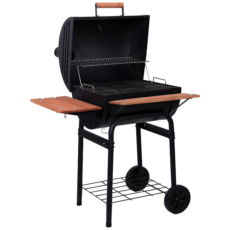 Char-Griller Wrangler Charcoal Grill in Black, fully opened, showcasing the spacious grilling area and adjustable dampers for optimal temperature control.