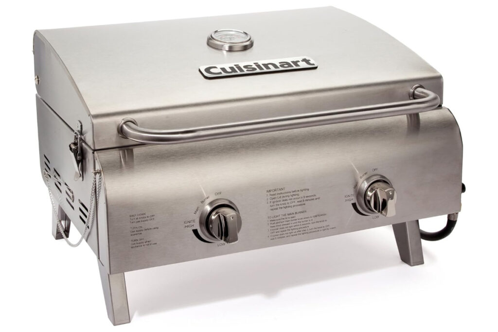 Portable Cuisinart Chef's Style Tabletop Propane Gas Grill featuring dual burners for versatile outdoor cooking.