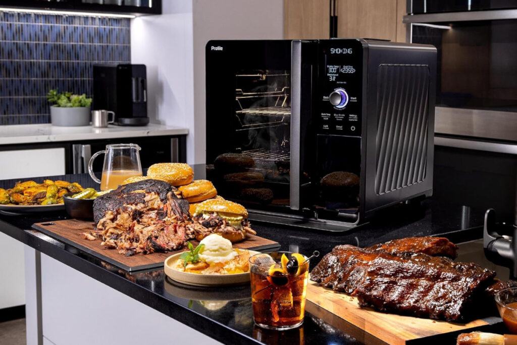 GE Profile Smart Indoor Pellet Smoker showcasing its sleek design and advanced features for outdoor cooking enthusiasts, perfect for smoking meats and vegetables with ease.