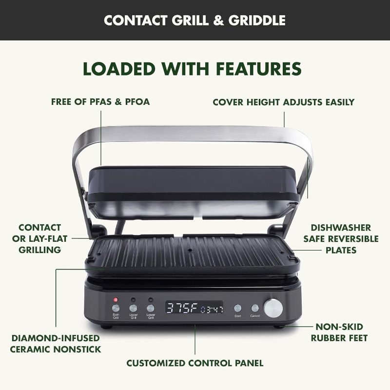 GreenPan 6-in-1 Multifunction Contact Grill features versatile cooking options, non-stick surface, and sleek design