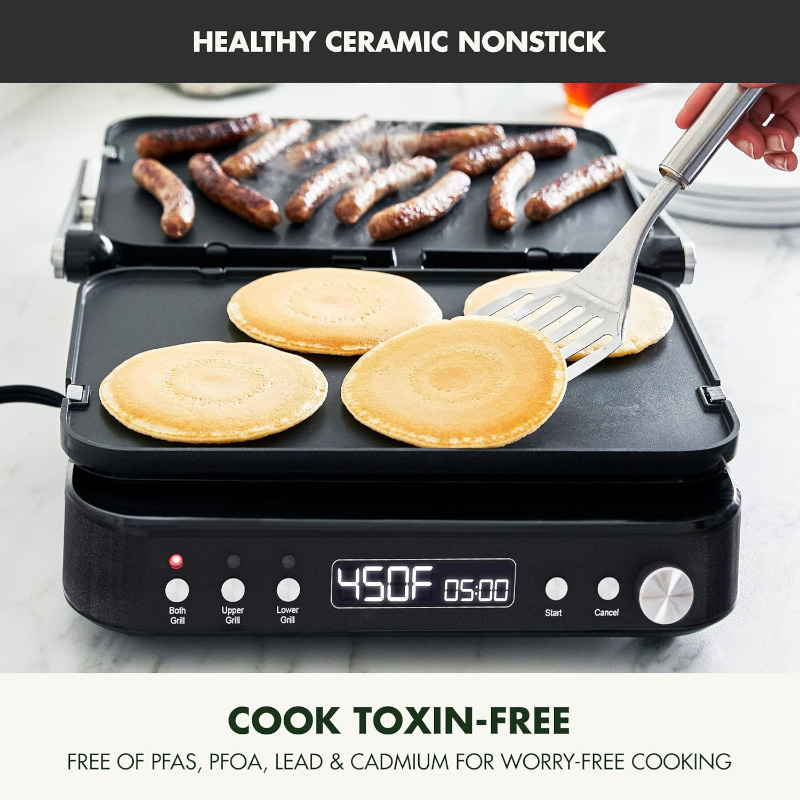 GreenPan 6-in-1 Multifunction Contact Grill: Toxin-free nonstick surface for healthy cooking, versatile grilling options, and easy cleanup.