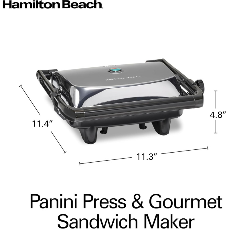 Close-up of Hamilton Beach Panini Press Sandwich Maker showcasing its compact dimensions and sleek design, perfect for creating delicious paninis and sandwiches at home.