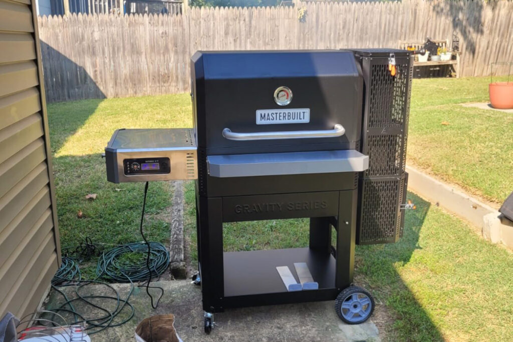Masterbuilt Gravity Series 800 Digital Charcoal Grill Griddle and Smoker showcasing its advanced design and features for outdoor cooking enthusiasts, highlighting versatility for grilling, smoking, and griddling.