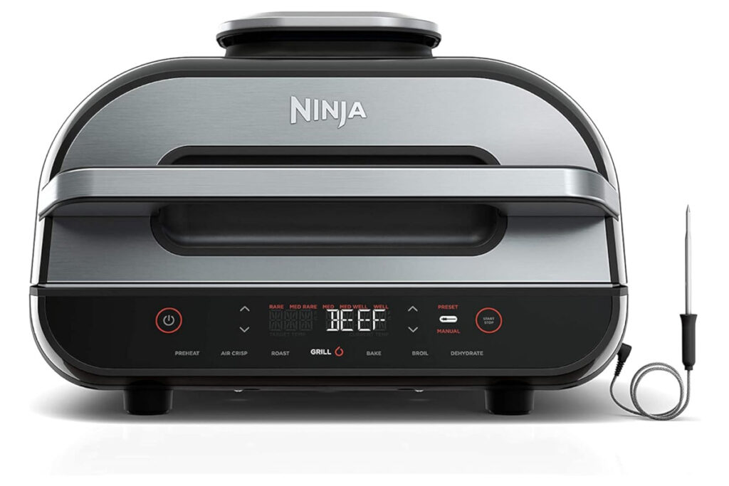 Close-up view of the Ninja FG551 Foodi Smart XL Grill showcasing its sleek design and advanced cooking features, perfect for outdoor grilling and indoor air frying.
