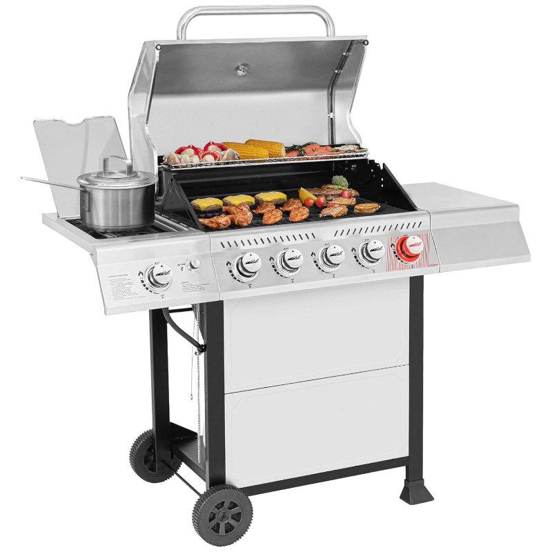 Royal Gourmet GA5401T 5-Burner Propane Gas Grill featuring a stainless steel construction, spacious cooking area, and an open lid showcasing grilled meats and vegetables, perfect for outdoor cooking and barbecues. Best Royal Gourmet Grills of 2025