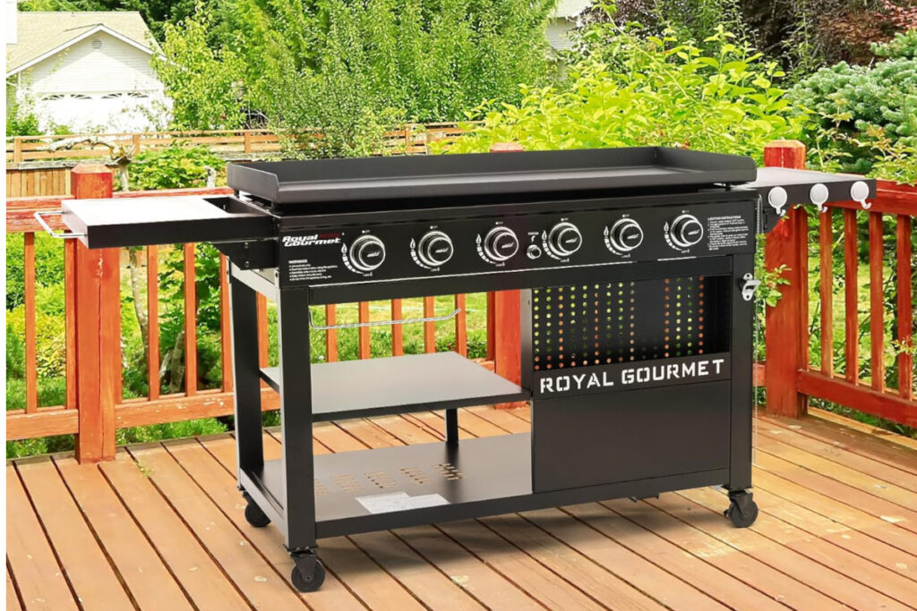 Royal Gourmet GB6000 Gas Griddle with sleek stainless steel design, showcasing multiple cooking zones and easy-to-use controls for outdoor grilling enthusiasts.