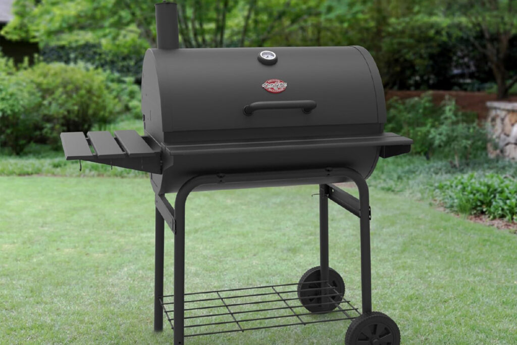 Char-Griller Pro Deluxe Barrel Grill showcasing its spacious cooking area, sturdy design, and stylish exterior, perfect for outdoor barbecues and grilling enthusiasts.