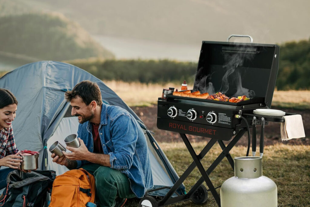 Royal Gourmet PD3001 Gas Griddle showcasing its sleek design and cooking features in an outdoor kitchen setting.